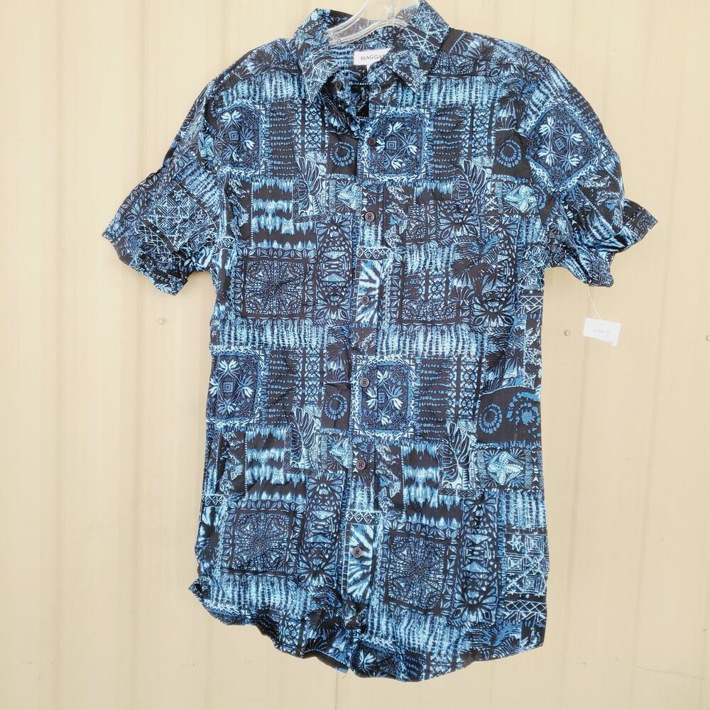 Junior's Haggar Blue/Black Geometric Cotton Woven Short Sleeve Button-Up Small
